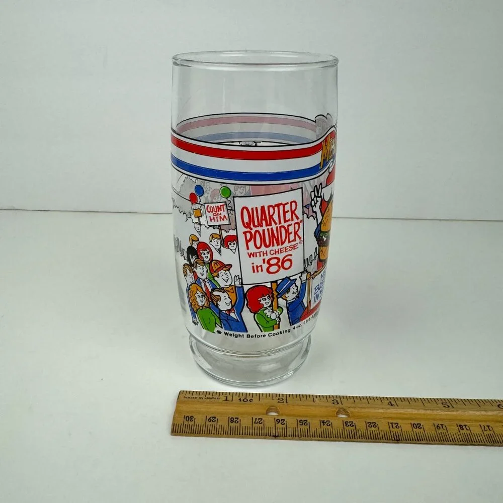 Vtg 1986 McDonalds Mc Vote Clear Drinking Glass‎ Thin Cheese Burger Collectible